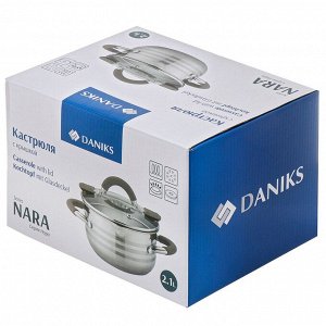 Кастрюля нержавеющая сталь, 2.1 л, с крышкой, крышка стекло, Daniks, Нара, GS-01413HY-16CA-2, серебристая, индукция