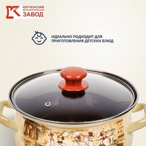 Кастрюля эмалированная сталь, 1.5 л, крышка стекло, с декором, сферический, Керченский металлургический завод, Сомелье, 61904-082/4.02
