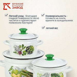 Набор посуды эмалированная сталь, 3 предмета, кастрюли 2, 3, 5 л., Керченский металлургический завод, Зеленые овощи-1, белый