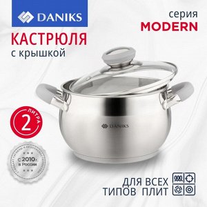Кастрюля нержавеющая сталь, 2 л, крышка стекло, Daniks, Модерн серый, SD-16N, индукция