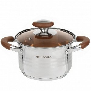 Кастрюля нержавеющая сталь, 2 л, крышка стекло, Daniks, Веллингтон, GS-01415-16CA, серебристая, индукция