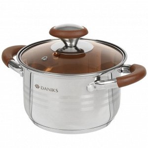 Кастрюля нержавеющая сталь, 2 л, крышка стекло, Daniks, Веллингтон, GS-01415-16CA, серебристая, индукция