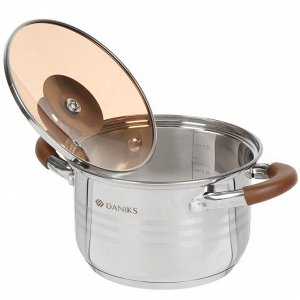 Кастрюля нержавеющая сталь, 2 л, крышка стекло, Daniks, Веллингтон, GS-01415-16CA, серебристая, индукция