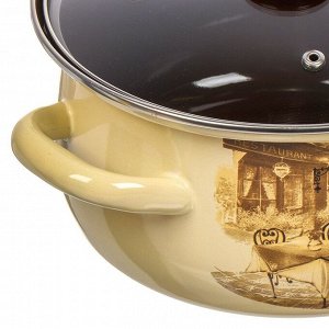 Кастрюля эмалированная сталь, 3 л, крышка стекло, с декором, сферический, Керченский металлургический завод, Сомелье, 61904-122/4.02-У4, слоновая кость