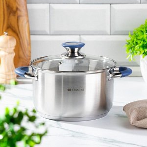 Кастрюля нержавеющая сталь, 3.9 л, крышка стекло, Daniks, Сиена, SD-A93-20, индукция