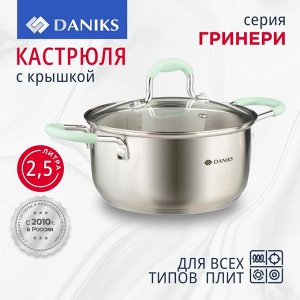 Кастрюля нержавеющая сталь, 2.5 л, крышка стекло, силиконовые ручки мятные, Daniks, Гринери, SD-23-18-2, индукция