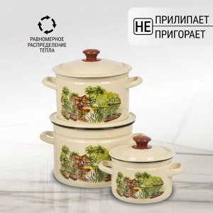 Набор посуды эмалированная сталь, 6 предметов, 2, 4, 6 л, Керченский металлургический завод, Лодки-1, слоновый