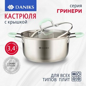 Кастрюля нержавеющая сталь, 3.4 л, крышка стекло, силиконовые ручки мятные, Daniks, Гринери, SD-23-20-2, индукция