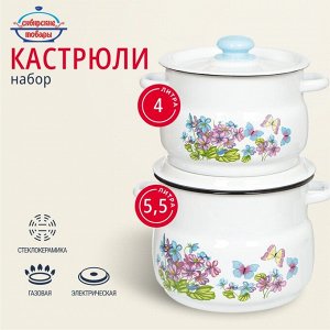 Набор посуды эмалированная сталь, 4 предмета, кастрюли 4,5.5 л, Сибирские товары, Фиалка 10, N10B24