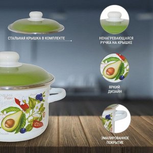 Кастрюля эмалированная сталь, 3 л, с крышкой, крышка сталь, цилиндрическая, СтальЭмаль, Авокадо, 6RD181M, белоснежная