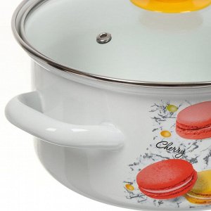 Кастрюля эмалированная сталь, 2.3 л, крышка стекло, цилиндрическая, Керченский металлургический завод, Цветное печенье, 51904-382/4.02-У4, белая