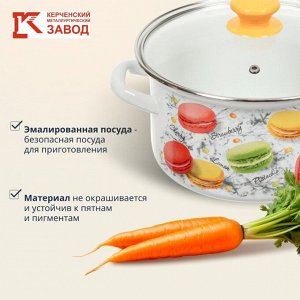 Кастрюля эмалированная сталь, 1.5 л, с крышкой, крышка стекло, цилиндрическая, Керченский металлургический завод, Цветное печенье, 51904-352/4.02, белая