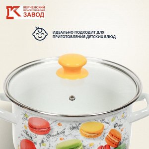 Кастрюля эмалированная сталь, 1.5 л, с крышкой, крышка стекло, цилиндрическая, Керченский металлургический завод, Цветное печенье, 51904-352/4.02, белая