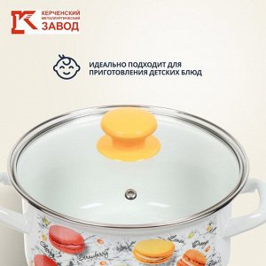 Кастрюля эмалированная сталь, 2.3 л, крышка стекло, цилиндрическая, Керченский металлургический завод, Цветное печенье, 51904-382/4.02-У4, белая