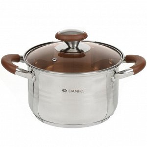 Кастрюля нержавеющая сталь, 2.8 л, с крышкой, крышка стекло, Daniks, Веллингтон, GS-01415-18CA, серебристая, индукция