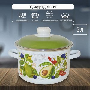 Кастрюля эмалированная сталь, 3 л, с крышкой, крышка сталь, цилиндрическая, СтальЭмаль, Авокадо, 6RD181M, белоснежная