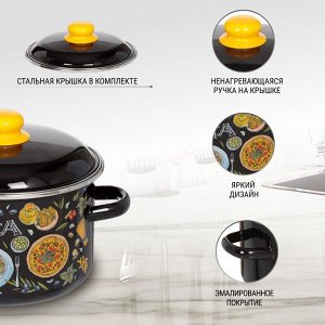 Кастрюля эмалированная сталь, 4 л, с крышкой, крышка сталь, цилиндрическая, СтальЭмаль, Паста, 1RD201M, индукция