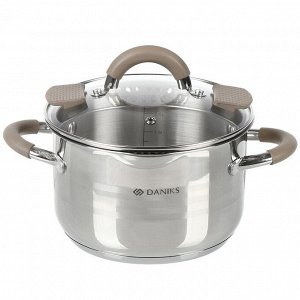 Кастрюля нержавеющая сталь, 2.9 л, с крышкой, крышка стекло, Daniks, Нара, GS-01413HY-18CA-2, серебряная, индукция