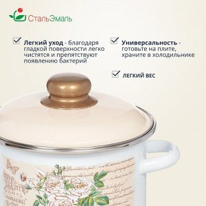 Кастрюля эмалированная сталь, 2 л, с крышкой, крышка сталь, цилиндрическая, СтальЭмаль, Мэри белоснежная, 6RD161M, индукция