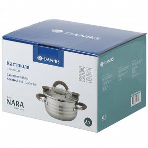 Кастрюля нержавеющая сталь, 2.9 л, с крышкой, крышка стекло, Daniks, Нара, GS-01413HY-18CA-2, серебряная, индукция