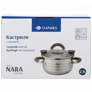 Кастрюля нержавеющая сталь, 2.9 л, с крышкой, крышка стекло, Daniks, Нара, GS-01413HY-18CA-2, серебряная, индукция