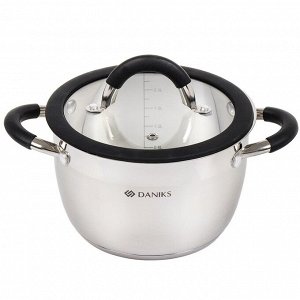 Кастрюля нержавеющая сталь, 2.7 л, крышка стекло, Daniks, Орландо, GS-01435-18CA, серебристая, индукция