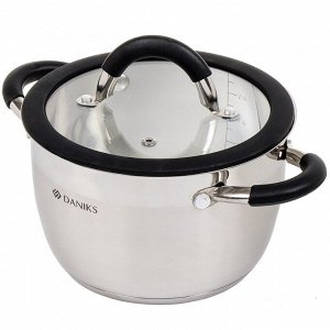 Кастрюля нержавеющая сталь, 2.7 л, крышка стекло, Daniks, Орландо, GS-01435-18CA, серебристая, индукция