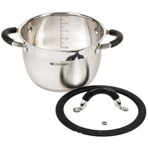 Кастрюля нержавеющая сталь, 2.7 л, крышка стекло, Daniks, Орландо, GS-01435-18CA, серебристая, индукция