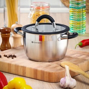 Кастрюля нержавеющая сталь, 2.7 л, крышка стекло, Daniks, Орландо, GS-01435-18CA, серебристая, индукция