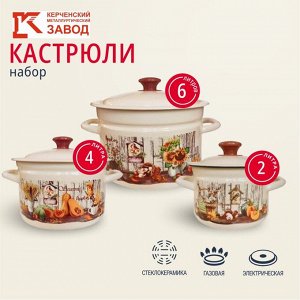 Набор посуды эмалированная сталь, 6 предметов, 2, 4, 6 л., МП, Керченский металлургический завод, Гарден-1, слоновый