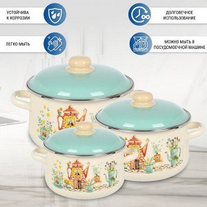 Набор посуды эмалированная сталь, 3 предмета, 2, 4, 5.5 л, индукция, СтальЭмаль, Чайный домик, 1с408