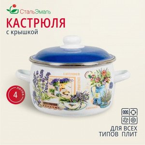 Кастрюля эмалированная сталь, 4 л, с крышкой, крышка сталь, сферический, СтальЭмаль, Горная лаванда, 6RC201M, индукция