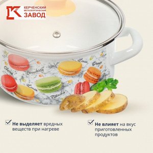 Кастрюля эмалированная сталь, 3 л, крышка стекло, цилиндрическая, Керченский металлургический завод, Цветное печенье, 42304-122/4.02-У4, белая