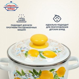 Кастрюля эмалированная сталь, 2 л, крышка сталь, сферический, Сибирские товары, Лимоны, 3MC161P, индукция