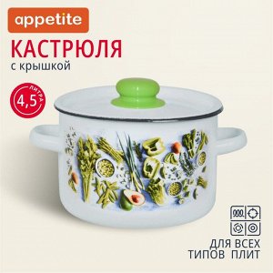 Кастрюля эмалированная сталь, 4.5 л, с крышкой, крышка сталь, цилиндрическая, Appetite, Свежая зелень, 1с17с, индукция