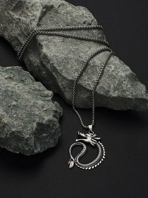 Кулон «Дракон» хищник, цвет чернёное серебро, 70 см