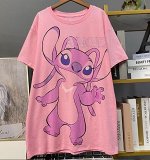 Футболка хлопковая с круглым вырезом и мультяшным принтом и стразами, розовый
