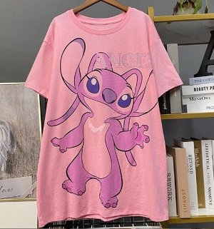 Футболка хлопковая с круглым вырезом и мультяшным принтом и стразами, розовый