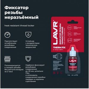 Фиксатор резьбы LAVR, Неразъемный термостойкий, 9мл (1/24)