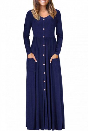 Темно-синее приталенное платье с карманами и застежкой на пуговицы