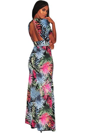 Длинное платье с узором из розовых и голубых пальмовых листьев и открытой спиной