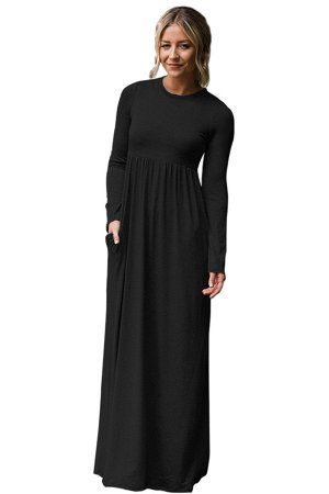 Черное макси платье с длинными рукавами и завышенной талией