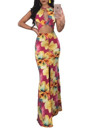 Гранатовое в цветы платье-русалка с фигурными вырезами