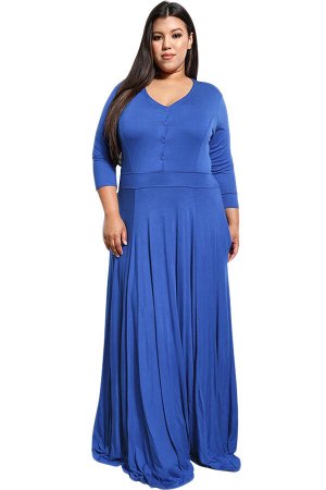 Синее приталенное макси платье с V-образным вырезом и карманами