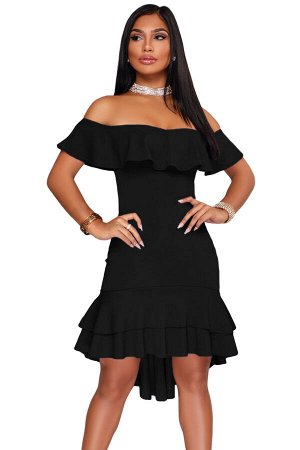 Черное платье со спущенными рукавами-оборкой и асимметричным воланом на юбке