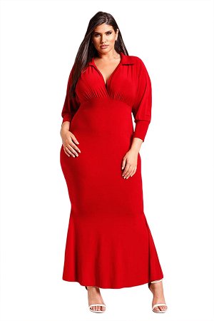 Красное макси платье-русалка с V-образным вырезом и рукавами с манжетами