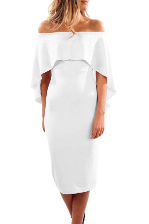 Белое миди платье с удлиненным сзади отворотом-накидкой