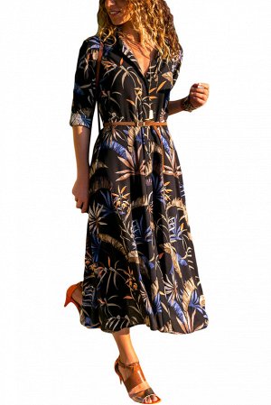 Темно-коричневое в цветы макси платье с поясом и на пуговицах