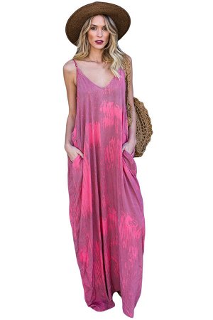 Розовое платье-балахон с размытым узором и карманами