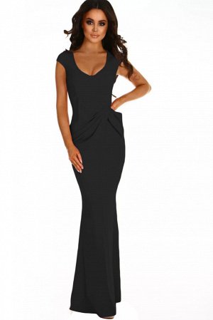 Черное вечернее платье-русалка с круглым вырезом и сборками